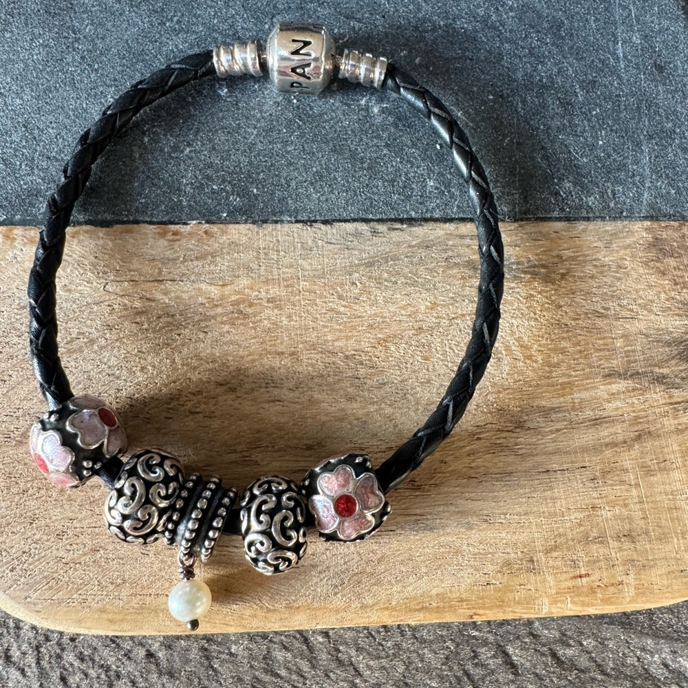 Pandora Black Leather Braided Bracelet w/Five Charms